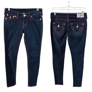 True Religion Dark Wash Jeans with Pink Contrast Stitching